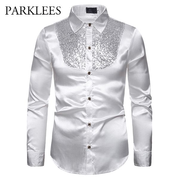 Camicia liscia da uomo in raso di seta Camicia da smoking con paillettes dorate di lusso Camicie da cerimonia per abiti da cerimonia per esibizioni sul palco Chemise Homme 210524