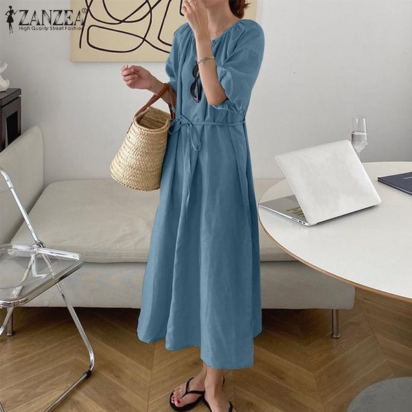 

casual dresses zanzea solid sundress 2021 women summer short puff sleeve dress retro o neck lace up vestidos female party robe plu, Black;gray