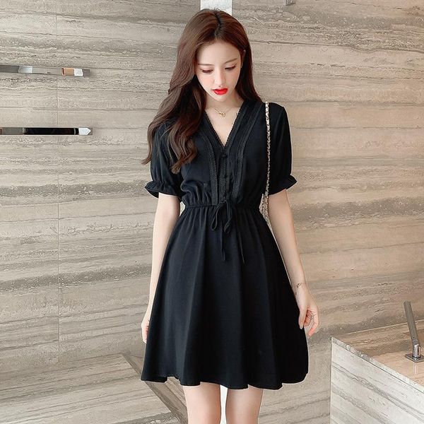 

women's wool & blends 2021 summer v-neck waist closing chiffon dress small skinny hong kong style a-line skirt, Black