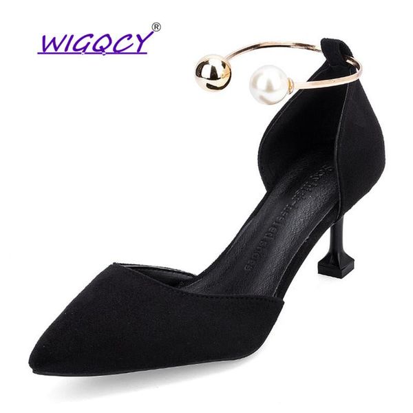 

high heels pearl pumps women shoes 2021 autumn summer fashion wild pointed hollow sandals slip-on thin dress, Black