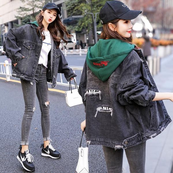 

spring autumn women coats plus size fashion casual loose letter patchwork hooded jeans coat for denim outerwear women's jackets, Black;brown