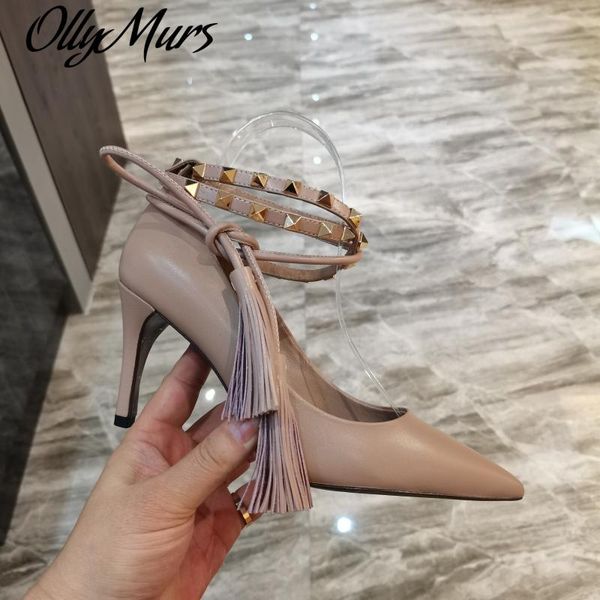 

dress shoes ollymurs rivets high heels brand women pumps pointed ladies cross tied, Black