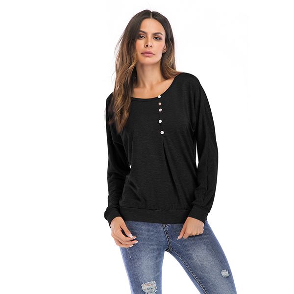 

o fjbnjl neck women solid color button decoration long sleeve loose style female causal t shirt, White