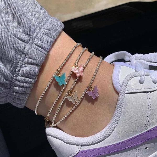 

anklets 2pcs/set sweet shiny butterfly rhinestone anklet bracelet for women gold color crystal tennis chain beach foot jewelry, Red;blue