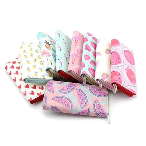 

cartoon cute wallet flamingo watermelon pineapple pattern pu pong zipper student card holder wallet, Red;black