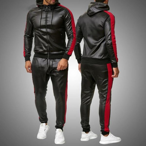 

gym clothing pu leather men tracksuit hooded men's set casual 2 pieces faux jacket pants 2021 motorcycle sports suit mens clothes, White;black