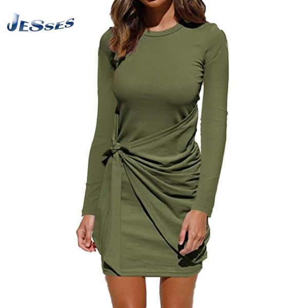 

casual dresses harajuku dress round neck pleated lace mini long sleeve sinnky female knotted vestidos, Black;gray