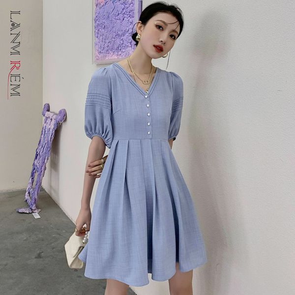 

women summer dress v-neck high waist bow lantern sleeve dresses loose fit lady fashion tide arrivals 2h146 210507, Black;gray