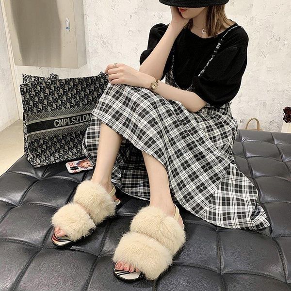 

summer 2021 word with open toe two wear flat sandals outside fashionable wild furry and slippers female x272, Black
