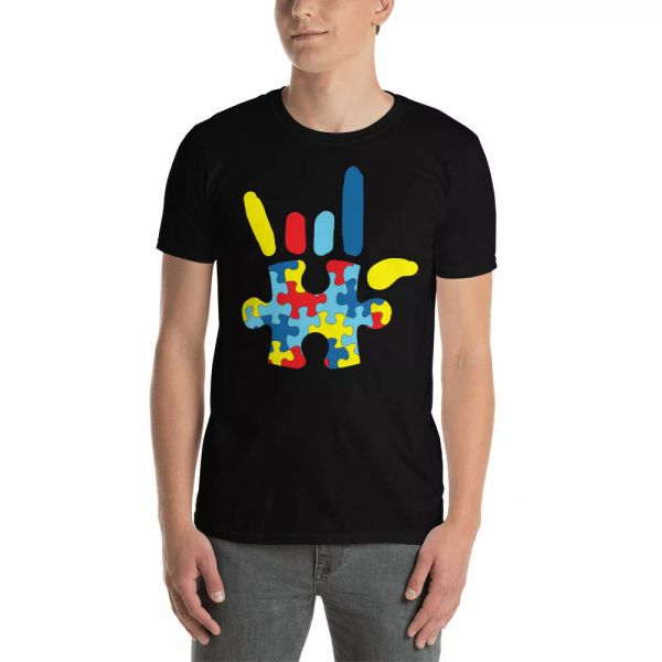 

hand rock and roll puzzle pieces cool autism awareness rock and roll t-shirt, White;black