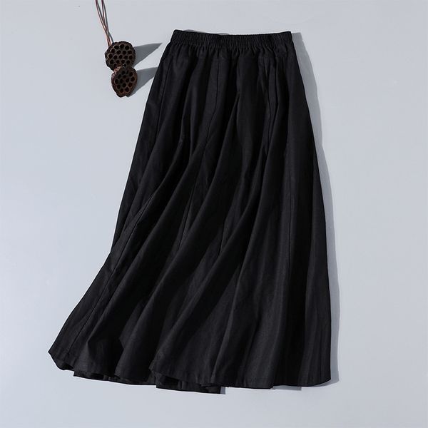 

skirts autumn and winter style elastic waist cotton hemp a-shaped large swing chine skirt zen tea drs, Black