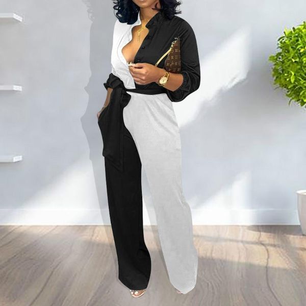 

women's jumpsuits & rompers colorblock insert buttoned lantern sleeve, Black;white