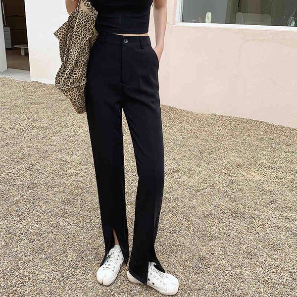 

black ol loose chic solid casual stylish brief wide leg pants all match high street femme plus size split trousers 210421, Black;white