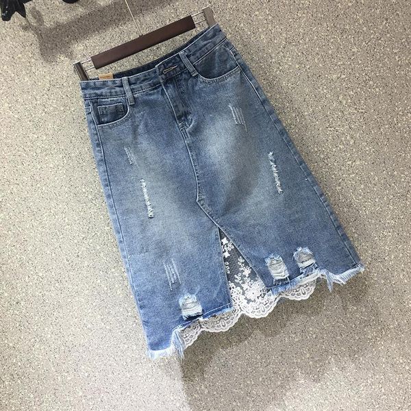 

skirts ailegogo spring summer women denim streetwear high waist hole split skirt casual lace irregular a-line, Black