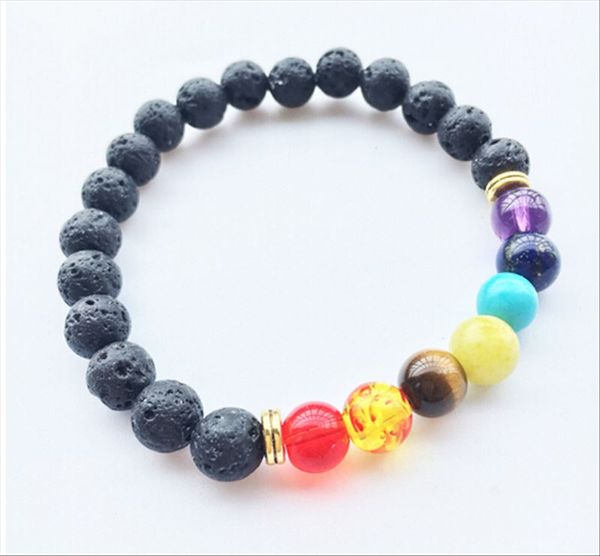 Chakra pulseira fios 8mm lava-rock grânulos coloridos energia pulseiras de yoga 120 pcs / lote