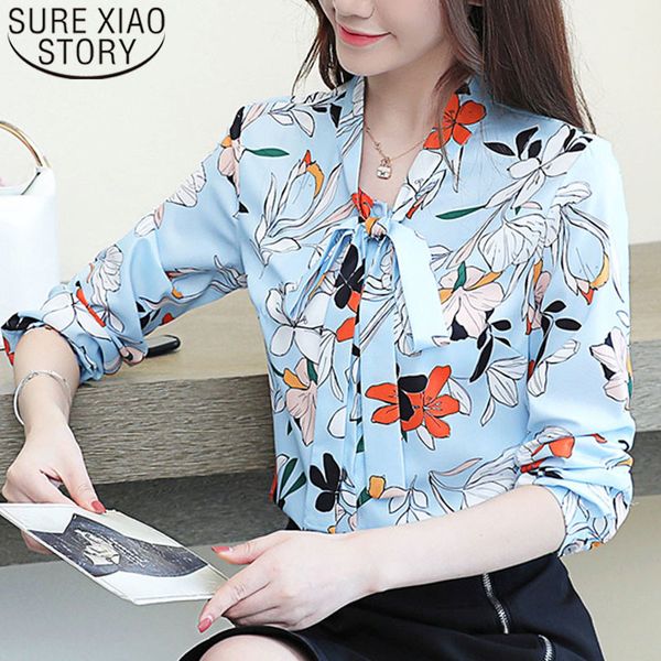 

for ladies chiffon blouse shirts women long sleeve button floral bow plus size blusas print 6001 50 210415, White