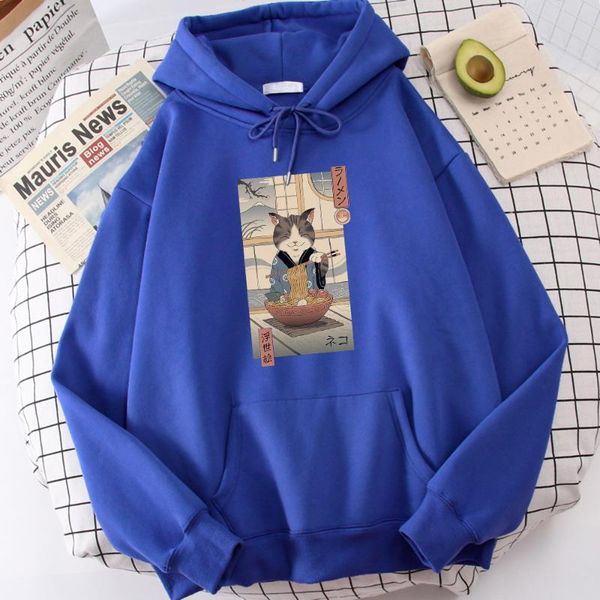 

men's hoodies & sweatshirts warm casual mens cat eating ramen ukiyo-e print streetwearthick fashion hoody oversize comfortable hooded, Black