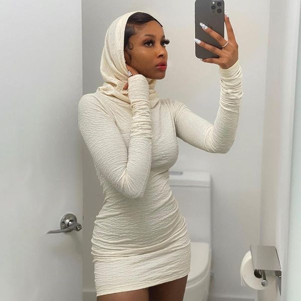 

casual dresses hooded knitted sweater dress for women 2021 autumn winter long sleeve bodycon mini sweatshirt white, Black;gray