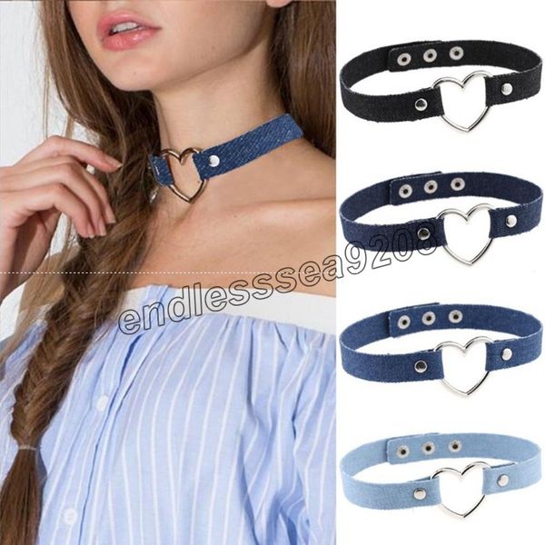 

blue denim heart choker necklace for women jeans chokers tattoo collar collier ras de cou colar bijoux femme, Golden;silver