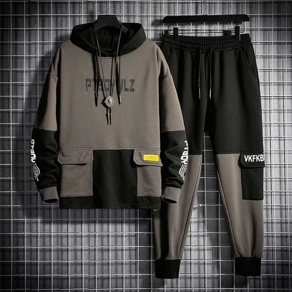 

mens clothing 2 piece set winter autumn tracksuit jogging suit male running clothes patchwork hoodie and jogger 211106, Gray