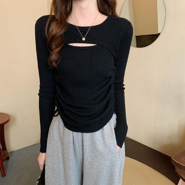 

women's sweaters autumn and winter korean style slim slimming drawstring fake two-piece wool knit sweater western women, White;black