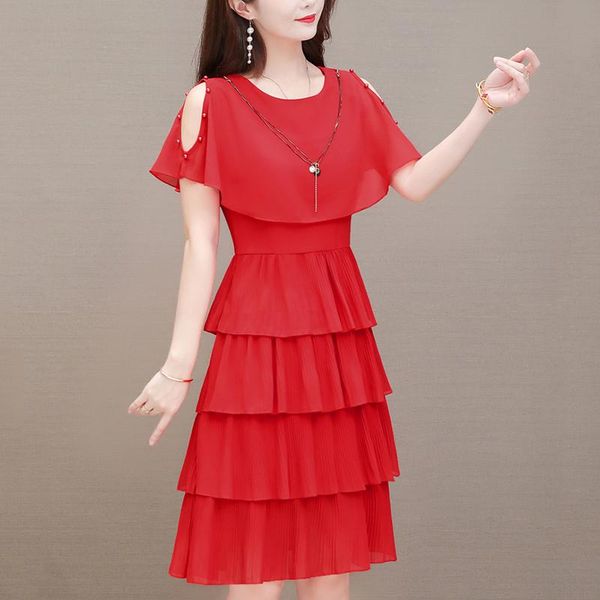 

casual dresses summer women chiffon shoulder hollow dress 2021 ladies elegant female vestido cocktail vintage party plus size 5xl, Black;gray