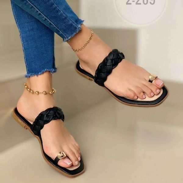 

summer woven slippers flat sandals solid color platform shoes outdoor beach open toe casual plus size 41, Black