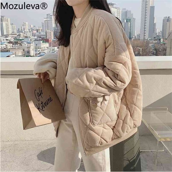 

mozuleva autumn winter women thick jackets v-neck puffer corduroy parkas high-quality warm oversize vintage wild coat 210916, Black