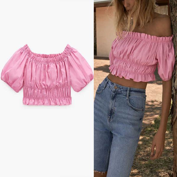 

za pink elastic cropped summer blouse women short puff sleeve off shoulder woman chic pleated smocked blouses 210602, White