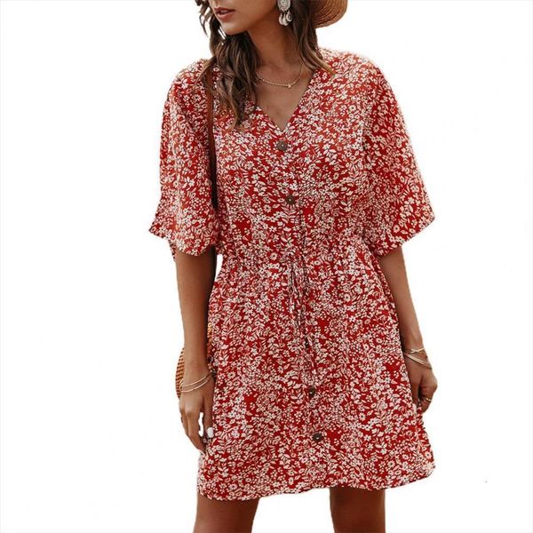 

floral print drawstring 3 colors women dresses half sleeve loose going out summer clothes orange, Black;gray