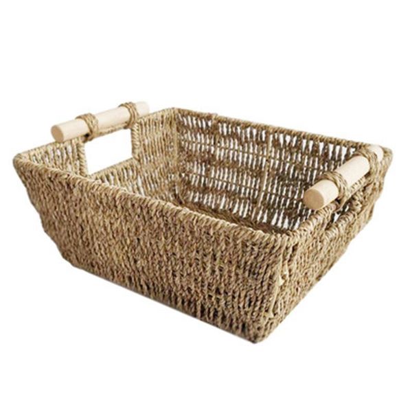 

storage baskets hand-woven large with wooden handles, seagrass wicker for organizing