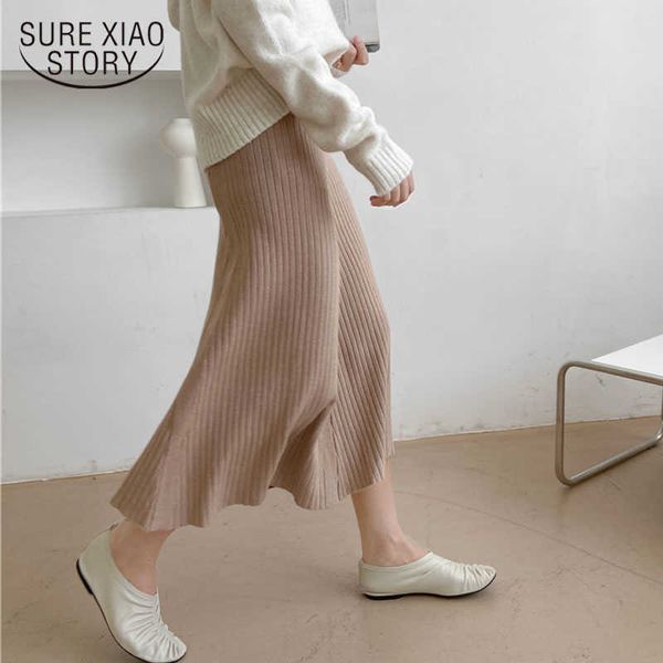 

autumn winter solid high elastic knitted skirt mid-calf high waisted skirt loose casual pleated a-line womens skirts 11112 210528, Black