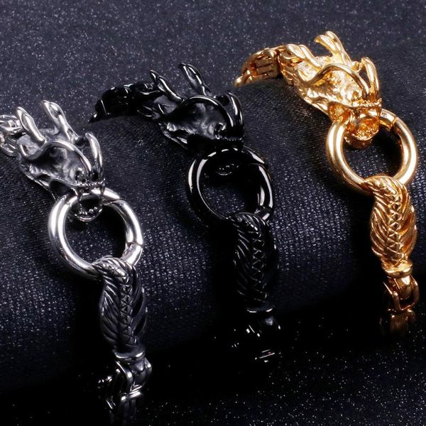 

link, chain men's viking gold plated stainless steel hand bracelets double dragon head vintage rolo hip hop homme jewelry party gifts, Black
