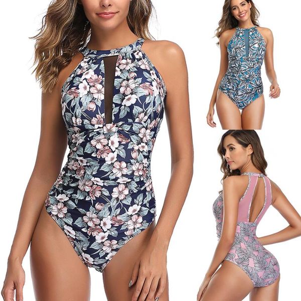 

mesh one piece swimsuit women 2021 ruched floral printed vintage plus size swimwear padded pool swimming suit for bathing suits one-piece