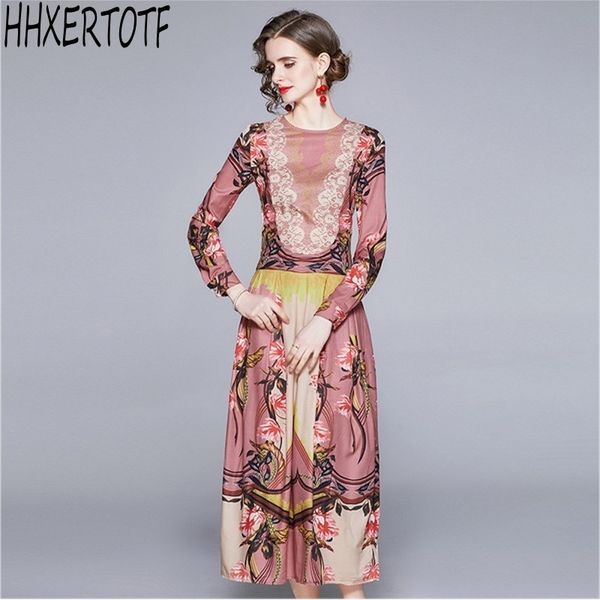 

s spring summer fashion vacation maxi dres long sleeve o collar u-shaped lace print temperament dress 210531, Black;gray