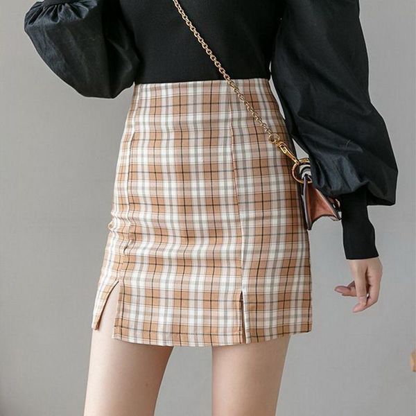 

pencil skirts women fashion 2021 autumn winter high waist plaid skirt korean style vintage woman tight, Black