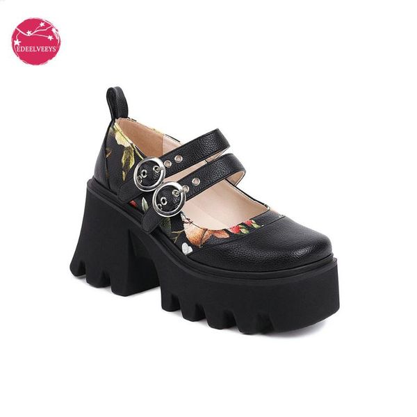 

dress shoes women thick heel gothic harajuk mary janes platform square toe buckle strap printed leather pumps comfort cosplay, Black