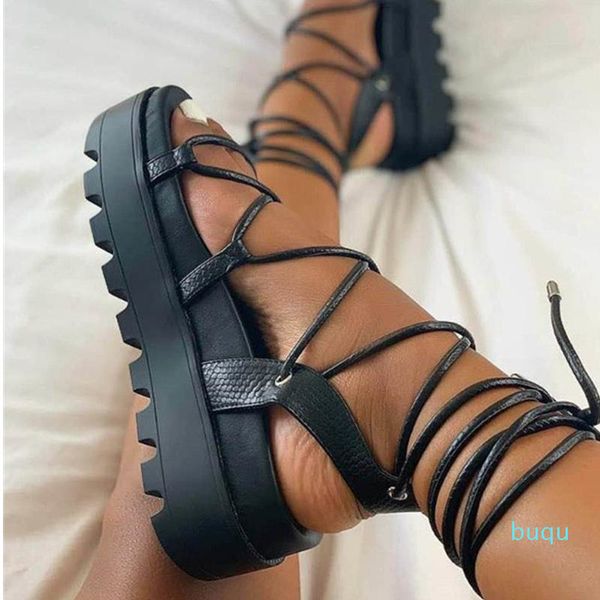 

designer- woman gladiator sandal ladies platform ankle wrap wedge non slip female fashion lace up shoe, Black