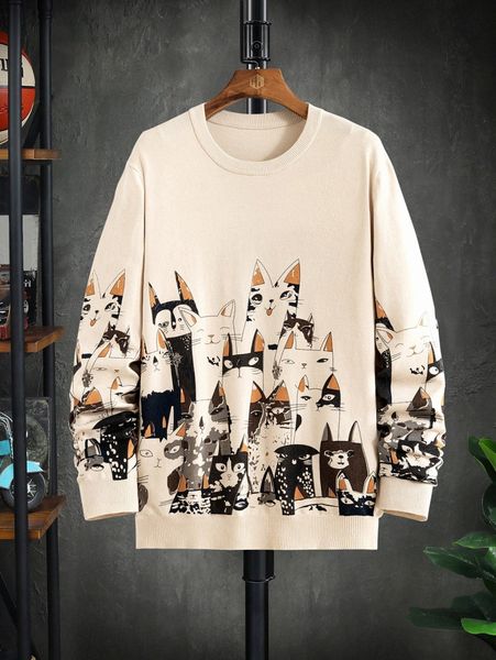 

men cat pattern sweater u7vw#, White;black