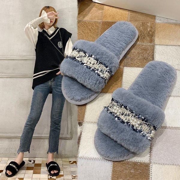 

winter female fluffy fur slides cute beaded flip flops women's furry non-slip slipper indoor warm plush sandals ladies shoes slippers, Black
