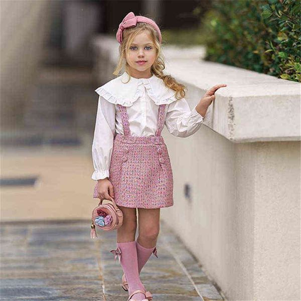 

lovely kids baby girls clothes 2pcs suit peter pan collar long sleeve shirt plaid suspender skirt for autumn spring outfits 2-7y y220310, White