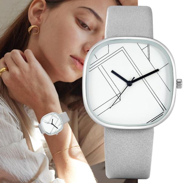 

wristwatches quartz watch for women square dial pattern lines and spin ladder design pu strap pin buckle, Slivery;brown