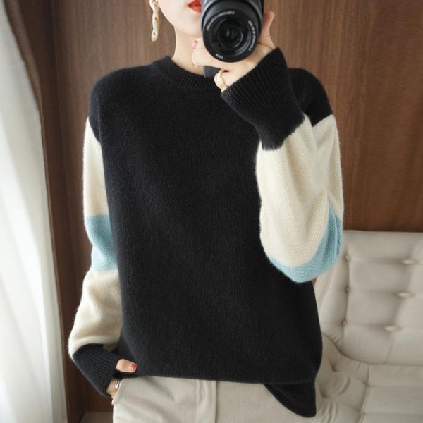 

women's sweaters 2021 autumn and winter pure wool knitted pullover women round neck long sleeve khaki striped thick loose sweater casua, White;black