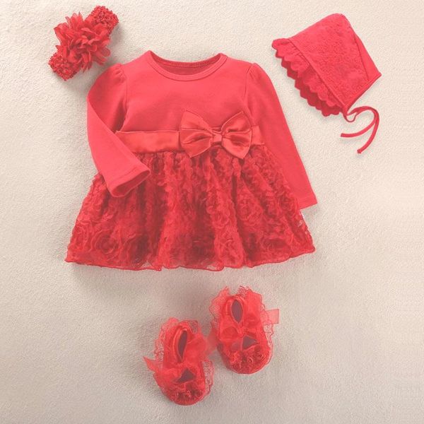 

girl's dresses baby girls infant born dress summer autumn wedding party birthday outfits 0 3 month headband shoes set christening gown, Red;yellow