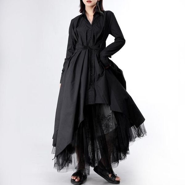 

casual dresses women shirt dress 2021 spring black gothic streetwear cotton asymmetrical loose plus size a-line ankle-length long sleeve, Black;gray