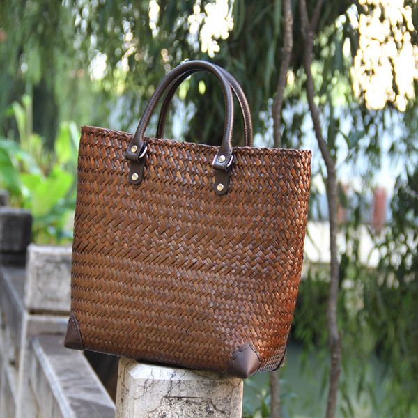 

bag bamboo straw woven brown stuff sackstotes leisure women's straw vacation beach hand