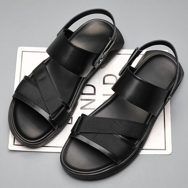 

sandals 2021 genuine leather shoes men fashion mens beach flat summer holiday cow male footwear a2316, Black