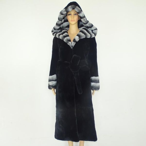 

women's fur & faux real whole female rex long coat and women jacket outwear, Black