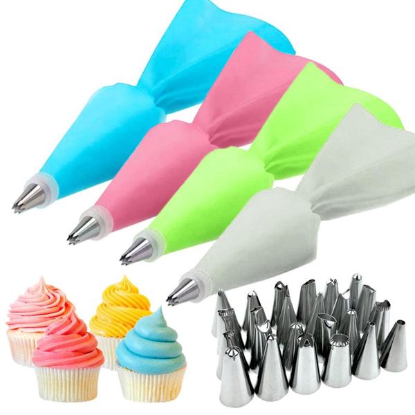 

baking & pastry tools 8/26pcs/set silicone bag tips kitchen cake icing piping cream decorating reusable bags+24 nozzle set