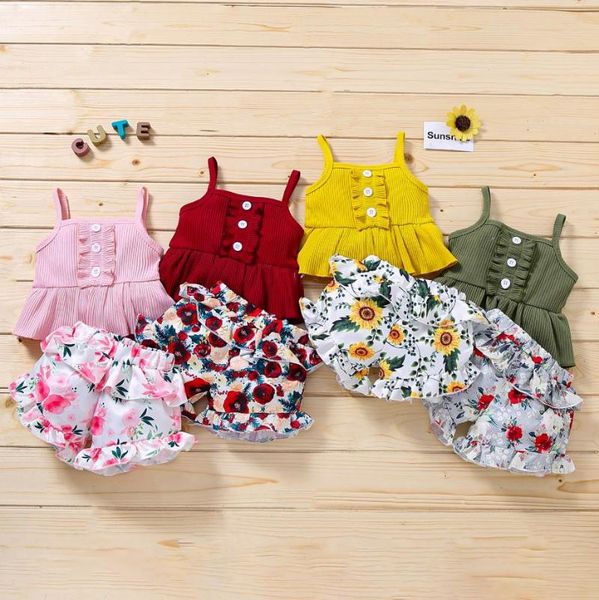 

summer girls kids suit set solid color sleeveless spaghetti strap floral print shorts baby's sets 2pcs clothing, White